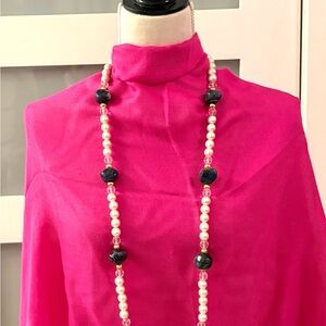 Pearl and Black Bead Long Necklace -